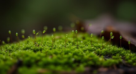 Vivid verdant moss sprouts some capped with water droplets foregrounding a blurred natural backdrop