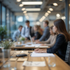 Fototapeta premium Business office with blurred people casual wear, with blurred bokeh background