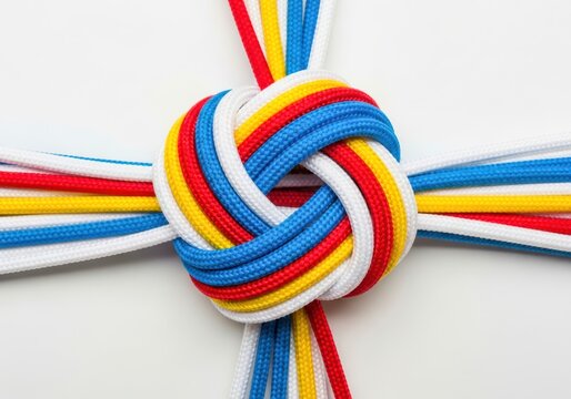 Colorful ropes intertwined in circle showing unity, teamwork. Diverse ropes connected represent business metaphor for partnership synergy. Image collective effort to achieve common goal with strong