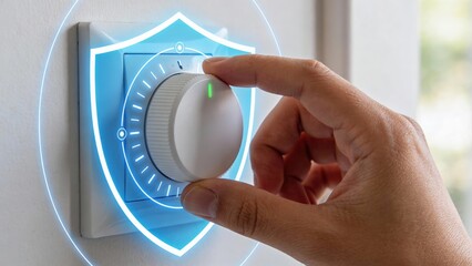 Cybersecurity and privacy concepts to protect data. Adjusting a security dial on a modern smart device with a protective shield graphic.