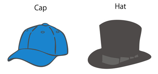 CapとHat,２種類の帽子の違いのベクターイラスト