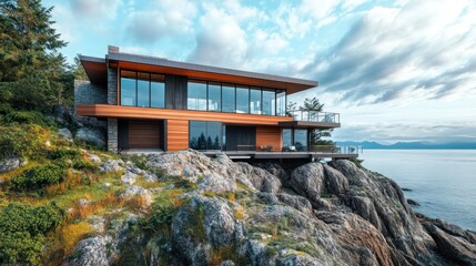 Cantilevered modern home built into a rocky cliffside, panoramic ocean views, natural wood accents, dramatic low-angle shot
