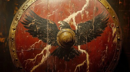 Roman legionary's shield (Scutum), painted with eagle and lightning bolts, surface showing battle wear but also a surreal, rippling water effect, museum spotlight