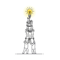 People Building Human Pyramid Under Light Bulb.