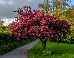 A vibrant blooming tree lines a walking path