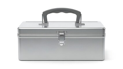 Closed Metal Toolbox with Handle on White Background.
