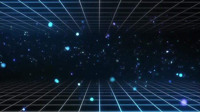 Futuristic digital grid technology with floating light particles on a dark blue background