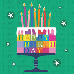 Happy birthday card with colorful cake and candles