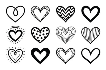 Hand Drawn Heart Clipart Set, Cute Doodle Heart Outline Vector Bundle For Valentine And Wedding Design