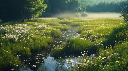 A serene meadow with a babbling brook, wildflowers dotting the banks, early morning mist rising