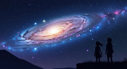 Children Gazing at the Grandeur of the Cosmos with Vibrant Nebula Displayed Overhead