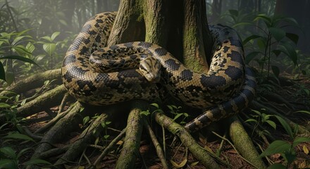 Obraz premium Coiled python resting amidst the root system of a tropical rainforest tree captivating wildlife