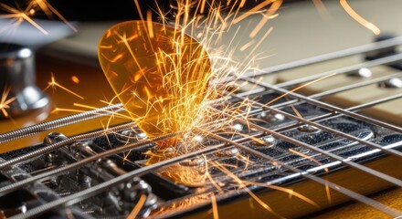 Electrifying music: A high-energy close-up of a guitar pick generating sparks on the strings