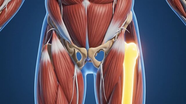 Detailed illustration of human muscular system with highlighted femur in dark blue background
