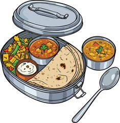 Chapati with curry in a tiffin box vector illustration