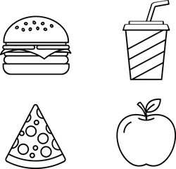 Food icon set, hamburger, soda cup, pizza slice, apple fruit, nutrition symbols, flat line illustration