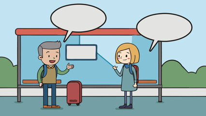 Boy and girl talking at a bus stop and speech bubble vector cartoon illustration