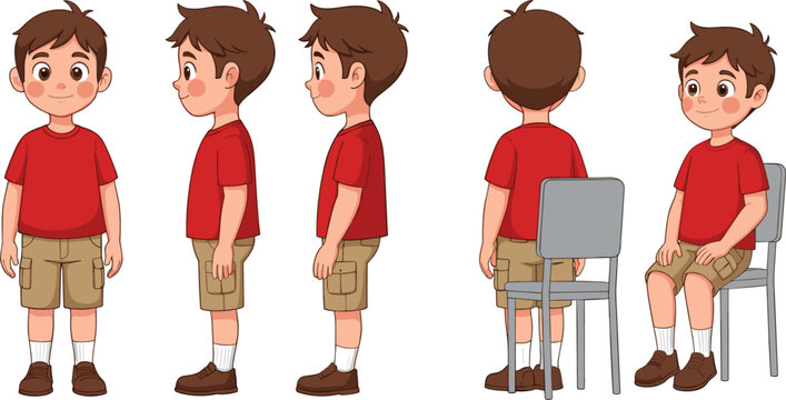 Cute boy character turnaround set with front side back and sitting views for animation design flat vector illustration