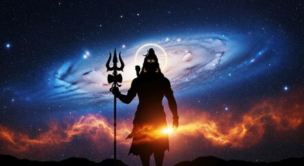Silhouette of hindu deity shiva with trident against cosmic nebula backdrop serene divinity