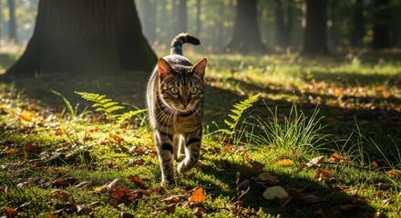 Tabby cat ambles gracefully through sun-dappled autumn forest under a canopy of trees