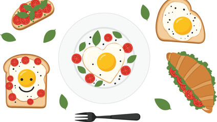 Cute breakfast food illustration set with fried egg toast croissant sandwich and plate elements flat vector design