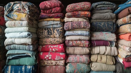 Bales of sorted, colorful textiles, layered fabrics, real objects, soft textures, industrial