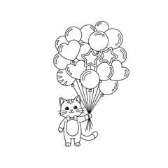 Cute Cat Holding a Bunch of Balloons Line Art.