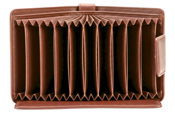 Open brown leather wallet with accordion-style card compartments on a transparent background