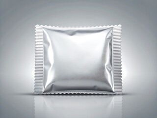 Silver foil pouch packaging on gray background