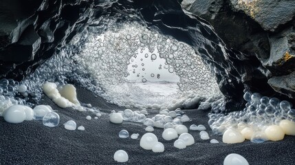 Close-up of sea foam bubbles on a dark volcanic sand beach at the entrance of a cave, ephemeral beauty