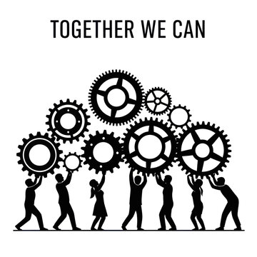 Silhouetted People Carrying Large Gears Together.