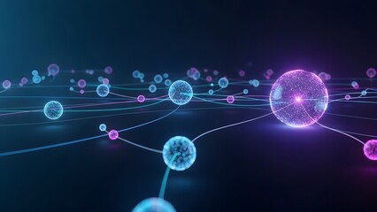 Abstract digital network background with glowing blue and purple spheres