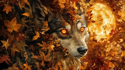 Canine spirit, composed of swirling autumn leaves and moonlight, eyes of amber, surreal seasonal guardian, harvest moon glow