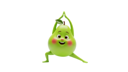 Cute Green Pear Character Performing Yoga Warrior Pose isolated PNG with Transparent Background