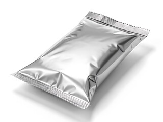 Silver foil pouch packaging on white background
