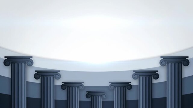 Seven pillars line a light gray space with a curved ceiling displaying a monochromatic design and classical architectural elements