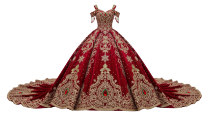 Red and Gold Embellished Ball Gown with Long Train isolated PNG with Transparent Background