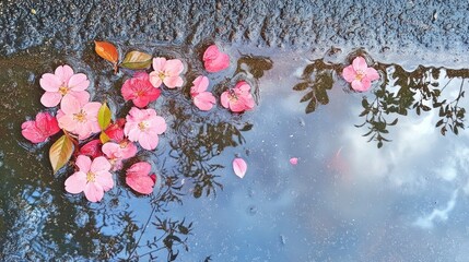 Reflections of spring blossoms in a clear puddle after rain, upside-down world, artistic shot