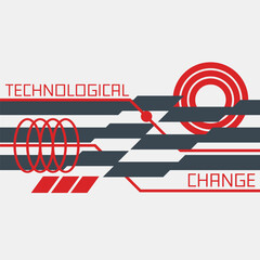 Three Broken Lines with Decorations about Technological Changes, Red and Dark Grey Futuristic Abstract Illustration