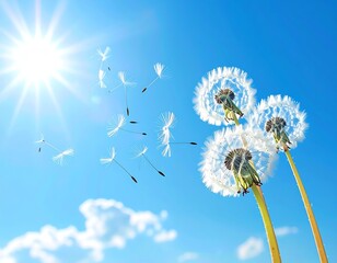 Dandelion seeds caught in the sunlit sky