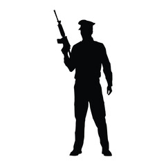 Naklejka premium Armed Security Officer Silhouette in Uniform Holding Rifle, Representing Protection, Law Enforcement, or Military.