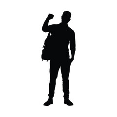 Young Man in Casual Attire with Backpack Silhouette Standing Confidently, Raising a Fisted Hand in a Gesture of Success