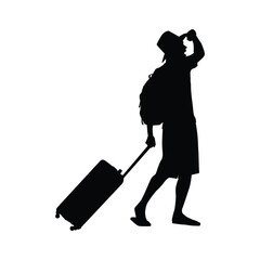 Silhouette of a Male Tourist with a Hat and Backpack Pulling a Suitcase, Looking into the Distance, Ready for Vacation