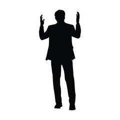 Silhouette of a Businessman or Speaker Standing with Hands Raised Upwards, Expressing Excitement, Celebration, or Explanation