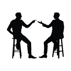 Vector Silhouette of Two Businessmen Sitting on Stools and Discussing, Pointing at Each Other in a Conversation or Debate