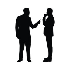 Two Businessmen Silhouettes Discussing or Arguing, One Pointing, Showing Communication and Corporate Interaction.