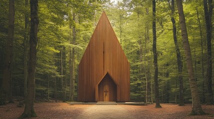 Woodland Chapel, Asplund style, its simple wooden structure appearing as if grown from a single, ancient tree imbued with the soul of the forest, bark subtly shifting with faces