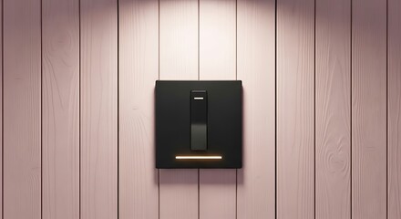 Modern black rocker light switch mounted on a pale wood paneled wall under focused illumination