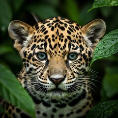 Obraz premium Captivating portrait of a young spotted feline peering through dense tropical foliage