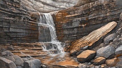 Layers of sedimentary rock exposed by a waterfall, showing geological time, detailed strata